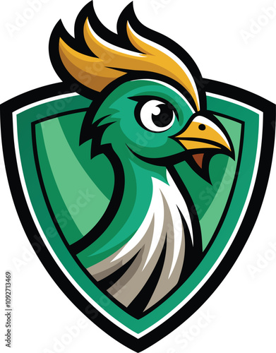 Green Bird Mascot Logo: A vibrant green bird with a bold crest, perched proudly on a shield, captures the spirit of athleticism, strength and determination. Ideal for sports teams, schools.