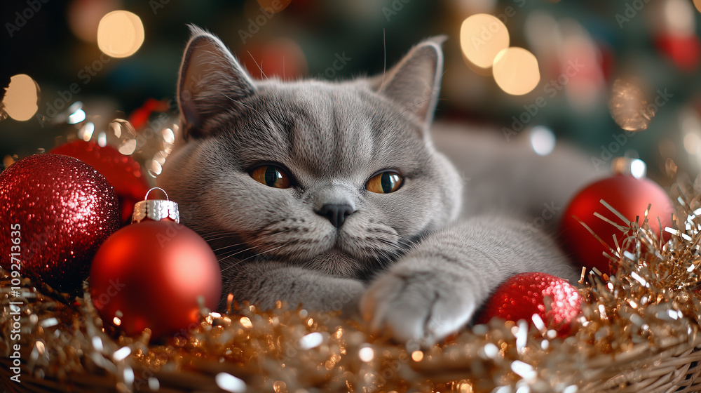 British Shorthair cat in basket with ornaments, banner with copy space, Happy New Year and Merry Christmas British Shorthair cat in basket with ornaments, banner with copy space, Happy New Year and Merry Christmas