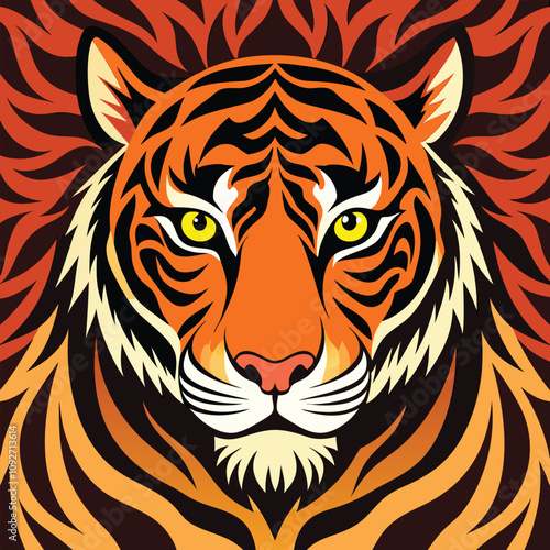 Tiger Portrait: A close-up of a tiger's head, with intense yellow eyes, set against a background of fiery orange and black stripes.
