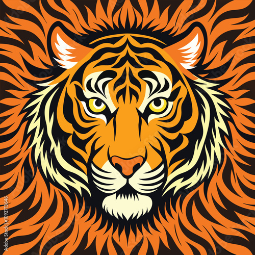 Fierce Tiger Portrait: A bold and striking illustration of a tiger's head, set against a backdrop of dynamic stripes, evokes power, strength, and wildness. photo