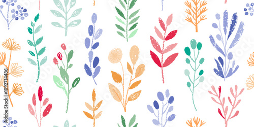 Floral pattern vector. Leaf and flower branch seamless background. Simple spring plant, crayon abstract design. Nature summer branch with leaves, flowers. Texture print seamless pattern. Cute chalk bg