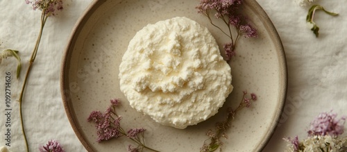 Fresh, creamy ricotta cheese in a round shape on a beige plate, decorated with purple wildflowers. photo