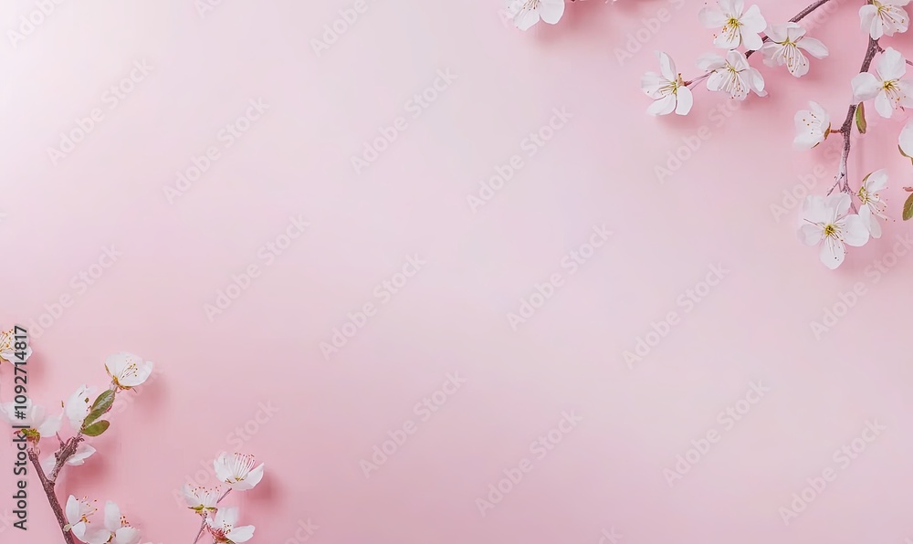 Delicate white cherry blossoms arranged on a pastel pink background, leaving ample copy space. Delicate white cherry blossoms arranged on a pastel pink background, leaving ample copy space.