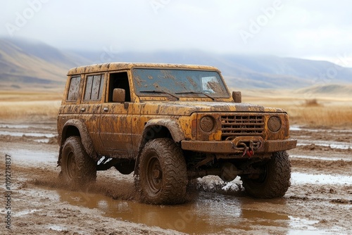 Old four-wheel drive car covered in mud is struggling to get out of the swamp photo