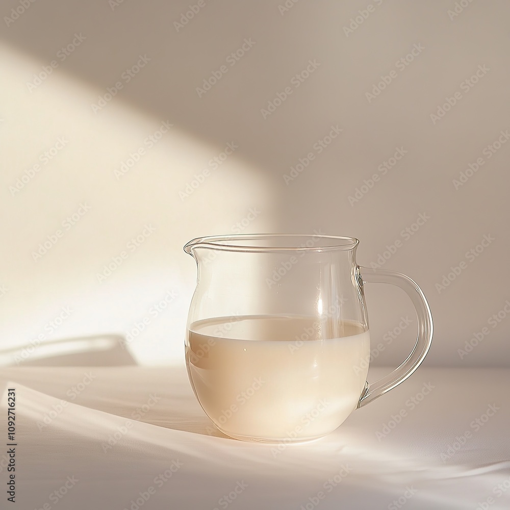 Glass pitcher of milk in soft natural light. Glass pitcher of milk in soft natural light.