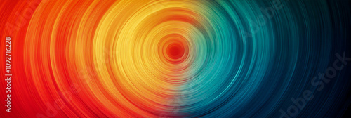 Vivid concentric circles extend outward from a central point, blending fiery red and orange with cool turquoise hues, creating a hypnotic visual effect