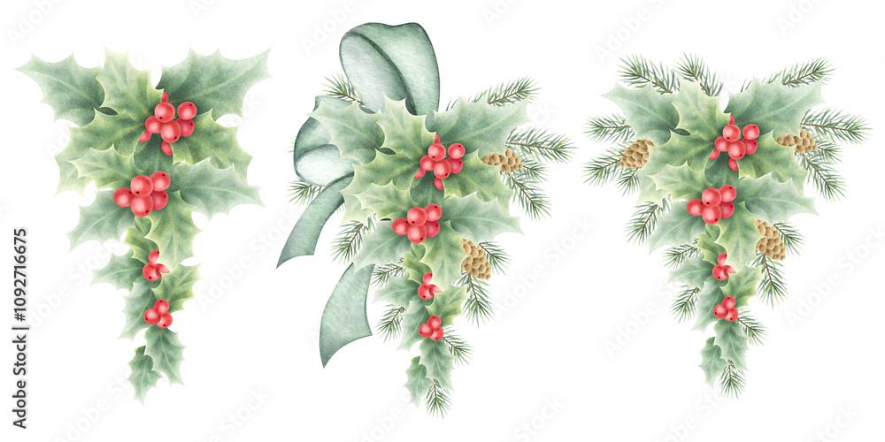Christmas holly plant tied green bow with red berries, green leaves, fir branches and cones watercolor isolated illustration. Hand drawn festive composition set for New Year greeting cards, packaging. Christmas holly plant tied green bow with red berries, green leaves, fir branches and cones watercolor isolated illustration. Hand drawn festive composition set for New Year greeting cards, packaging.