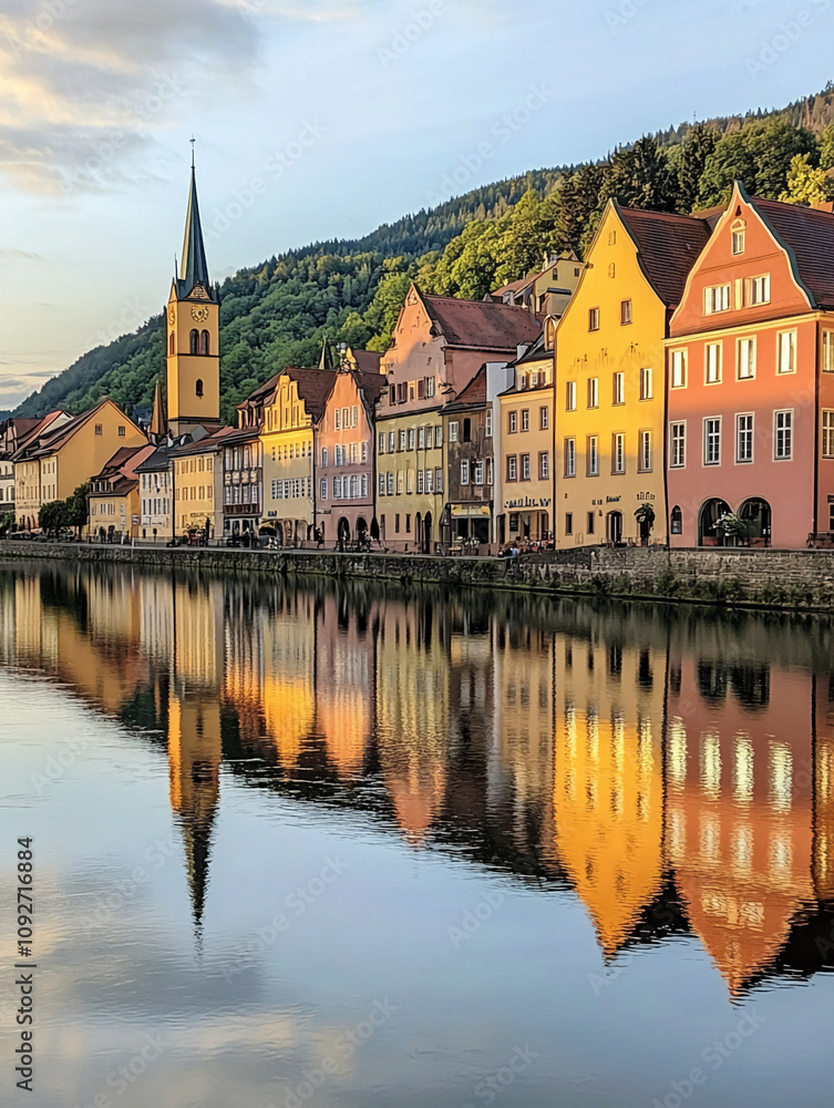 Fototapeta premium Picturesque European town with colorful buildings reflecting on the calm river under a soft sunrise sky. 