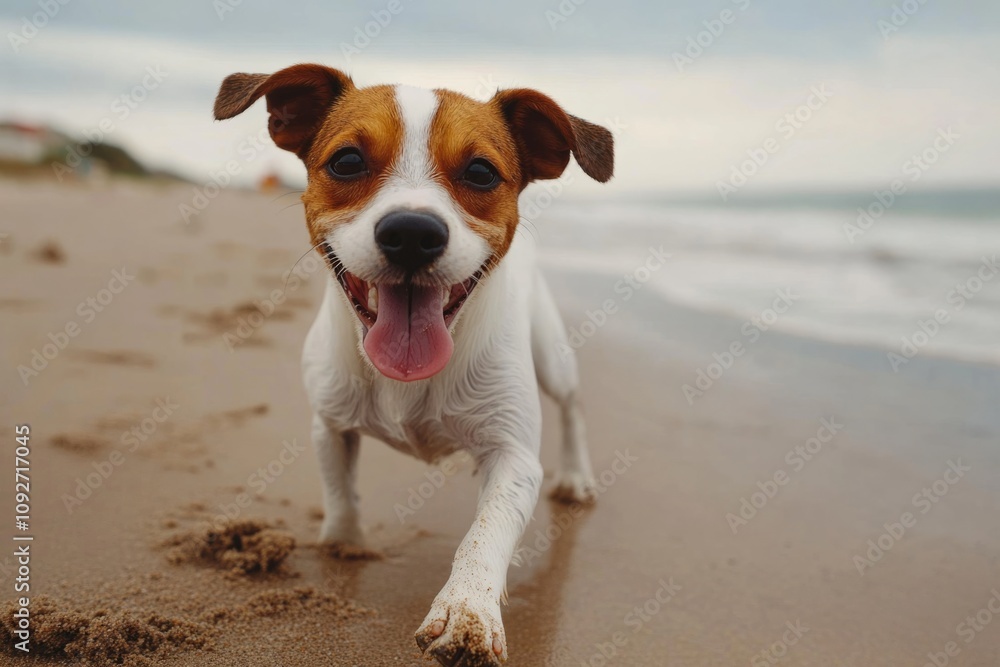 Happy jack russell terrier running on the wet sand of a beach towards camera with tongue out Happy jack russell terrier running on the wet sand of a beach towards camera with tongue out