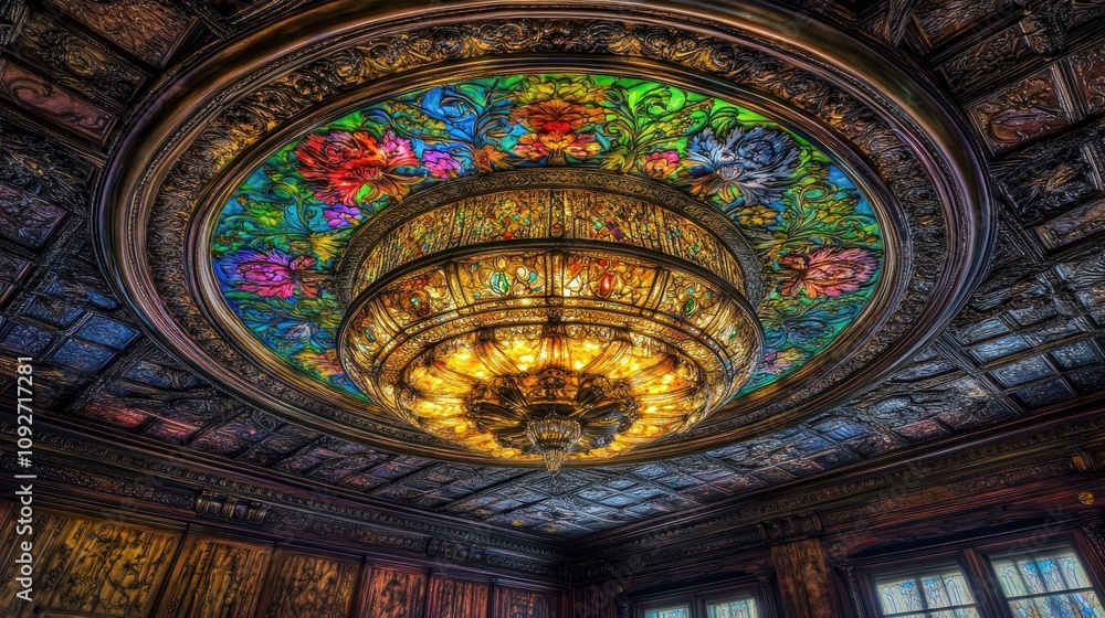 Obraz premium A beautifully ornate ceiling featuring a colorful stained glass chandelier.