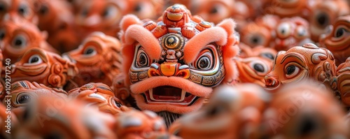 A close-up of a lion dance headpiece, showcasing intricate craftsmanship and cultural symbolism This vibrant image captures the detailed artistry and rich heritage of traditional Chinese lion dance photo