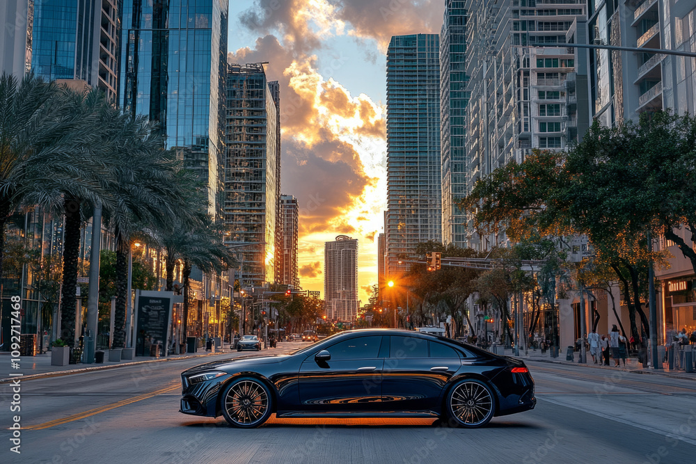 Modern black luxury car with skyscrapers and palm trees Modern black luxury car with skyscrapers and palm trees
