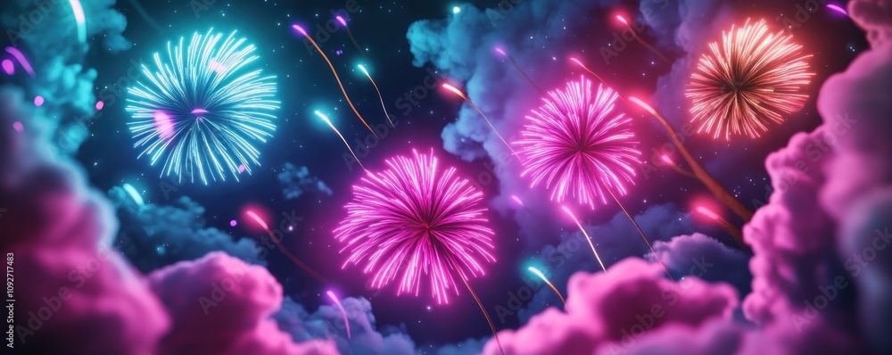 A kaleidoscope of fireworks painting the night sky with vibrant swirls, celebrating light and creativity This breathtaking digital art depicts a stunning display of neon pink, blue, and purple A kaleidoscope of fireworks painting the night sky with vibrant swirls, celebrating light and creativity This breathtaking digital art depicts a stunning display of neon pink, blue, and purple