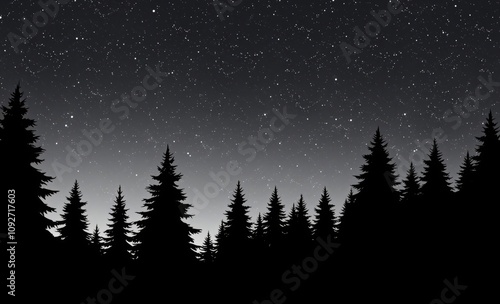 Starry night sky over a silhouette of evergreen trees creating a serene winter scene christmas tree silhouette Illustration 