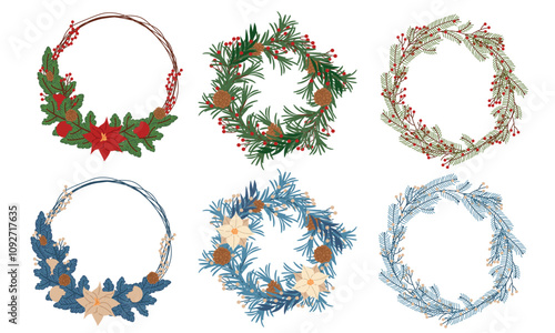 Set of 3 Christmas wreaths in natural and blue colors