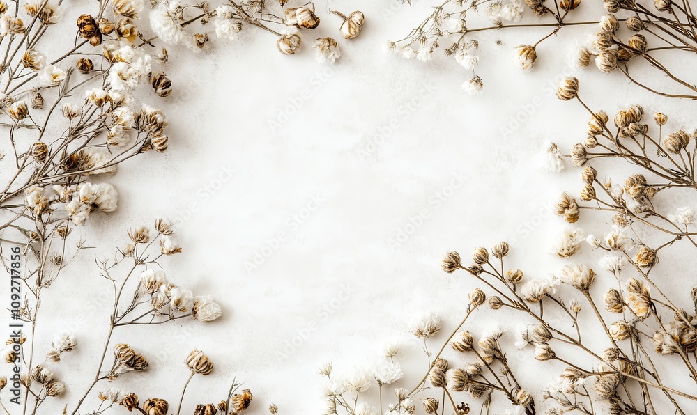 Dried flowers frame on white background. Blank space for text or design. Minimalist botanical flat lay. Dried flowers frame on white background. Blank space for text or design. Minimalist botanical flat lay.