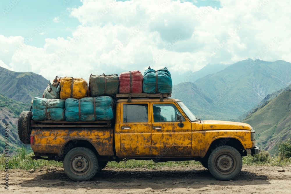 Adventurous journey begins as a pickup truck, loaded with luggage, navigates a muddy mountain road, snowy peaks rising majestically in the distance Adventurous journey begins as a pickup truck, loaded with luggage, navigates a muddy mountain road, snowy peaks rising majestically in the distance
