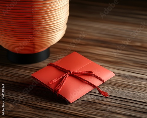 A vibrant red envelope, delicately tied with a crimson cord, rests beside a warm, peach-toned festive lantern, symbolizing the arrival of spring and the bestowal of blessings This auspicious image