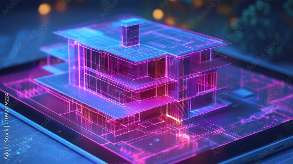 A modern smart home blueprint on a tablet screen, detailed architecture, vibrant digital glow A modern smart home blueprint on a tablet screen, detailed architecture, vibrant digital glow