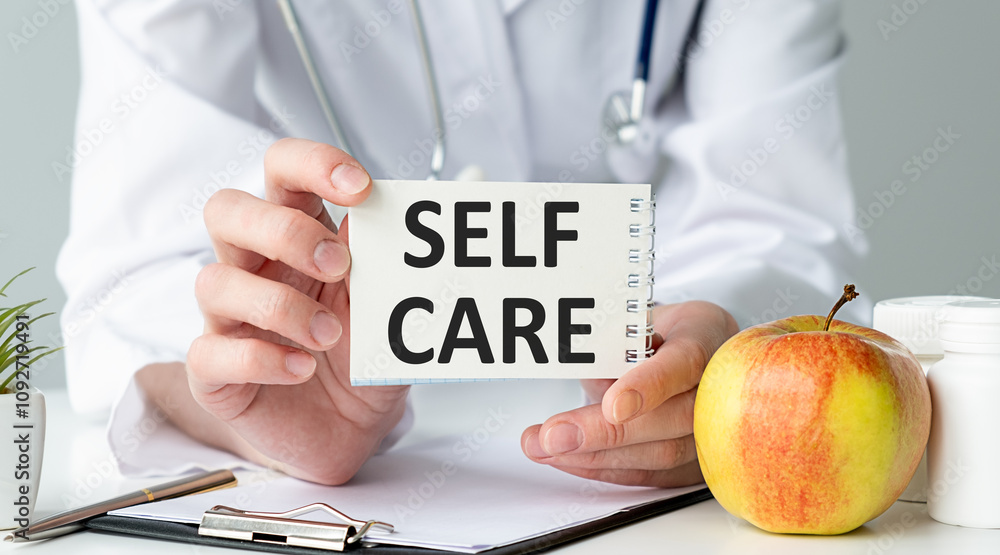 Doctor holding a pen and card with text Self Care, medical concept Doctor holding a pen and card with text Self Care, medical concept