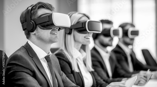 Business Professionals Engaged in Virtual Reality Training Session in Modern Office