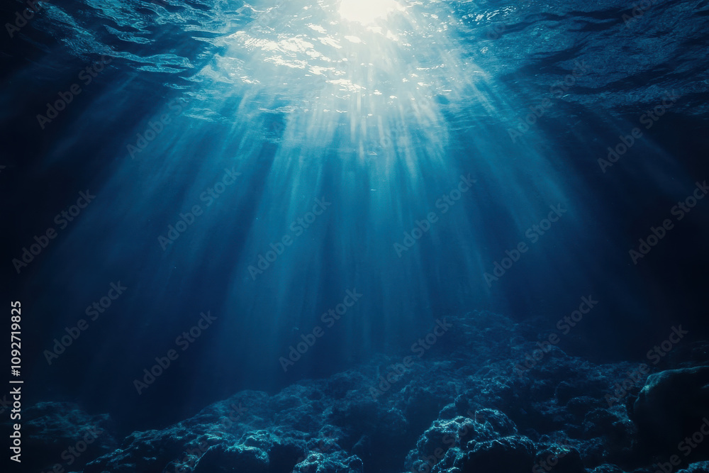 Obraz premium Underwater scene with sunlight rays illuminating the ocean floor.