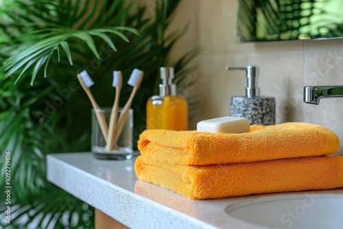 Luxurious Bathroom Interior Stacked Orange Towels Soap Toothbrushes and Plants