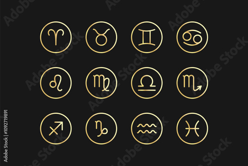 Golden astrological symbols of the twelve zodiac signs on a black background.