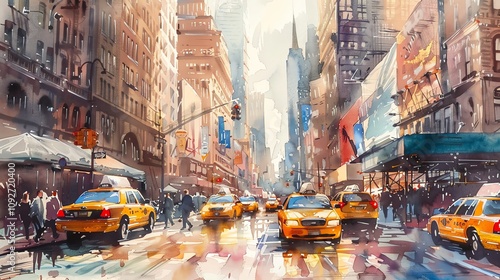 A watercolor painting of a bustling city street, featuring yellow cabs and tall buildings.