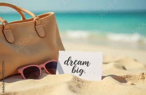 beach with bag, sunglasses and card with the text dream big photo