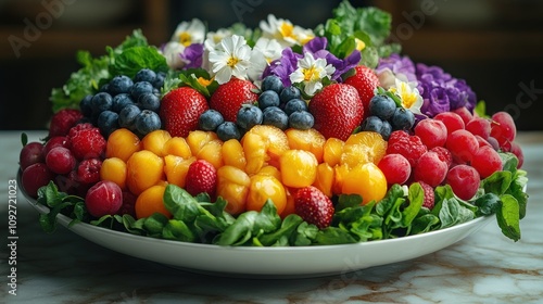 Colorful platter of fresh fruits and flowers.