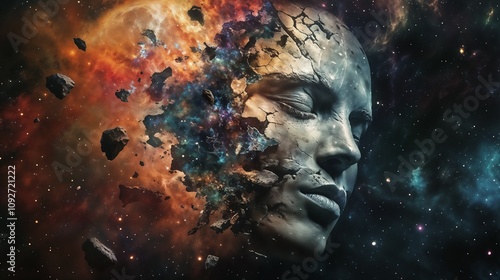 A painting shows a womans face with a galaxy in the background