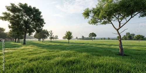 A wide open space of lush green grass with a few trees scattered around, rolling hills, natural landscape, open fields, countryside view