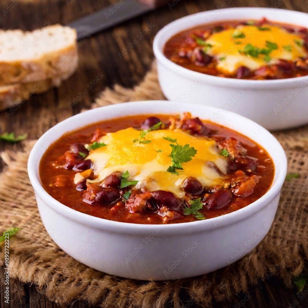 Close-up of a bowl of chili with melted cheese on top. Close-up of a bowl of chili with melted cheese on top.