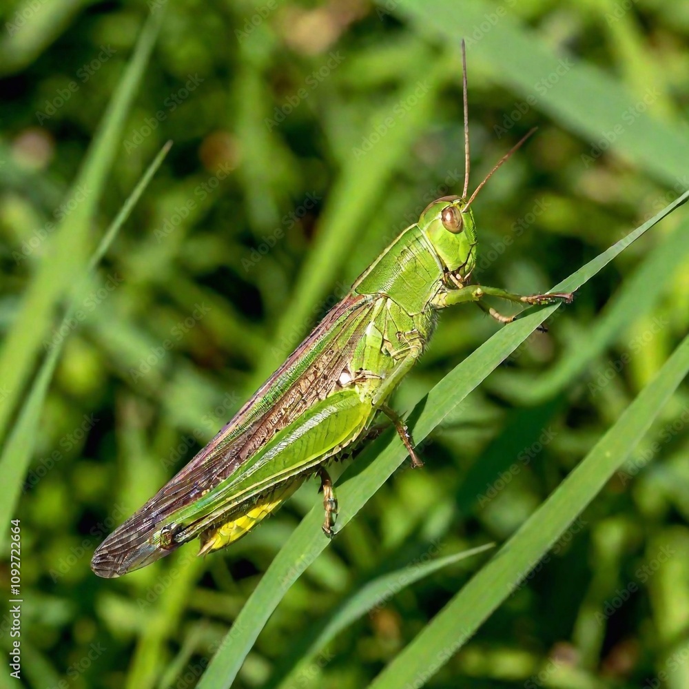 Macro shot of a grasshopper camouflaged among blades of grass. Macro shot of a grasshopper camouflaged among blades of grass.