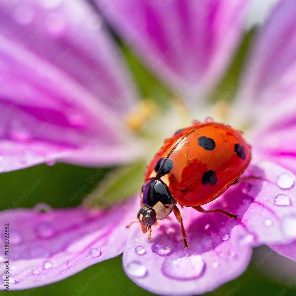 Fototapeta premium Macro of a ladybug crawling on a wet petal, focusing on the raindrops and insect.