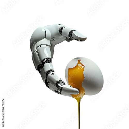 A white robotic arm holds an egg with a dripping yolk, against a black background. The manipulator miscalculated its strength and crushed the egg. photo