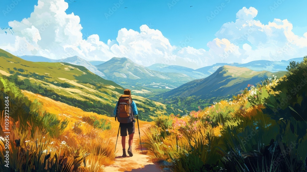 Fototapeta premium A backpacker hiking through a scenic nature trail, with breathtaking views of a valley, rolling hills, and a clear blue sky above