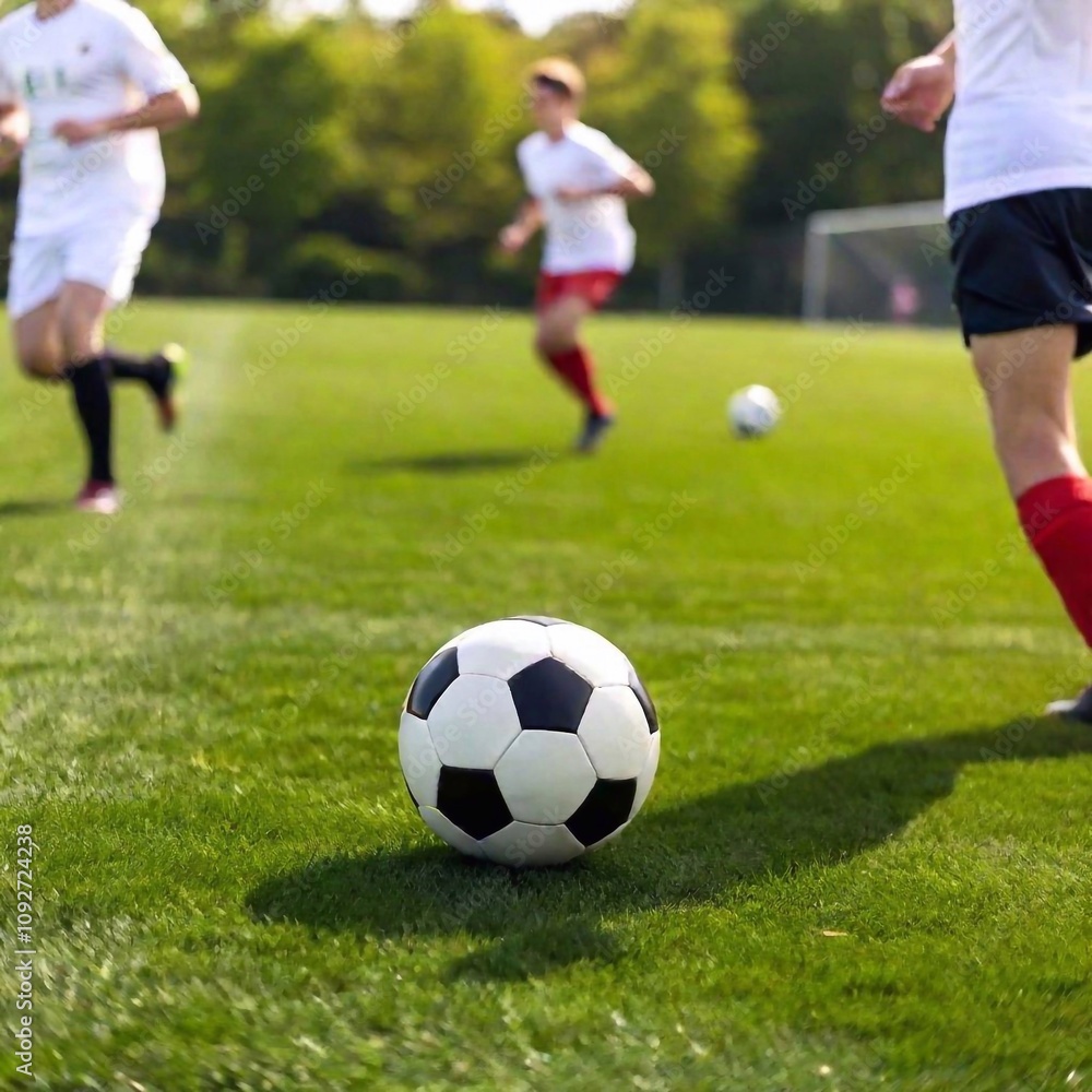 Soccer ball passes by senior player legs, deep focus showing field and teammates in background. Soccer ball passes by senior player legs, deep focus showing field and teammates in background.