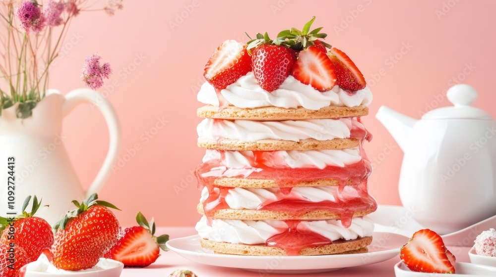 A stack of wafers layered with strawberry cheesecake filling, decorated with fresh strawberries A stack of wafers layered with strawberry cheesecake filling, decorated with fresh strawberries