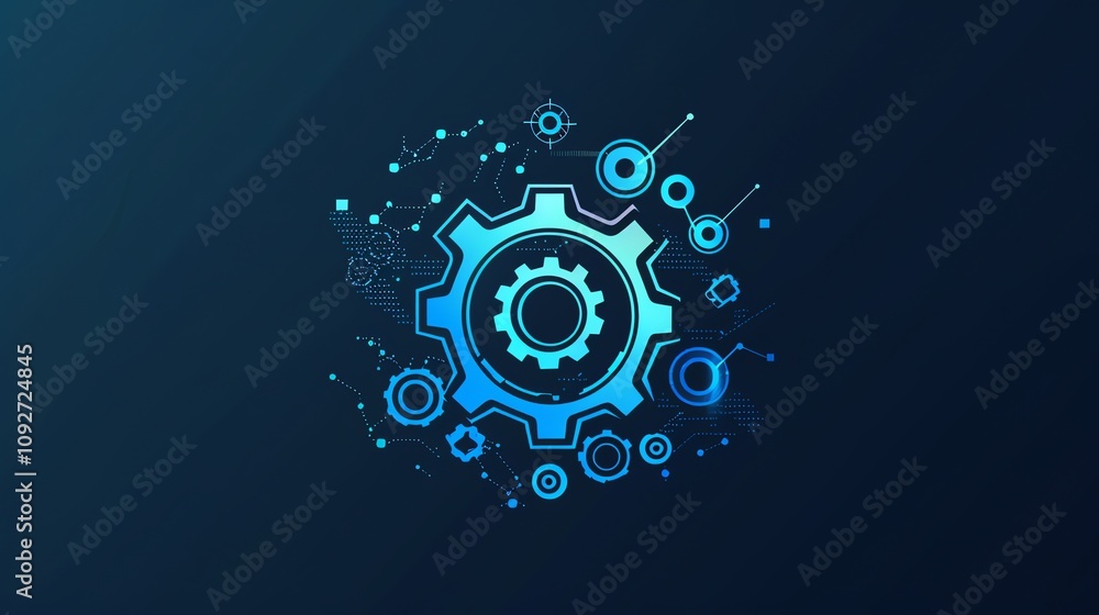 An illustration of a cog wheel surrounded by other blue, digital elements on a blue background. An illustration of a cog wheel surrounded by other blue, digital elements on a blue background.