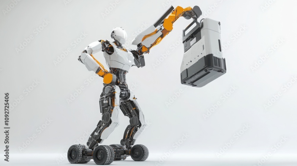 futuristic robotic exoskeleton helping worker lift heavy objects, industrial automation futuristic robotic exoskeleton helping worker lift heavy objects, industrial automation