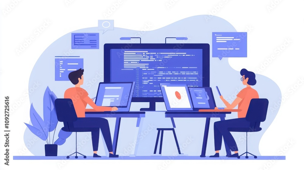 programmers collaborating on AI project, computer screens with code programmers collaborating on AI project, computer screens with code