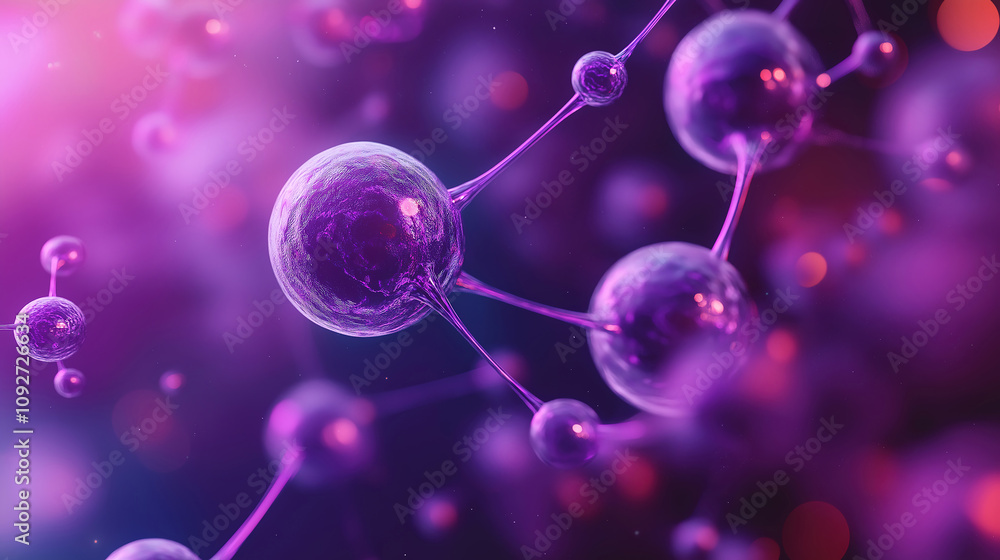 Floating atoms in a vibrant purple abstract background for futuristic medical concepts Floating atoms in a vibrant purple abstract background for futuristic medical concepts