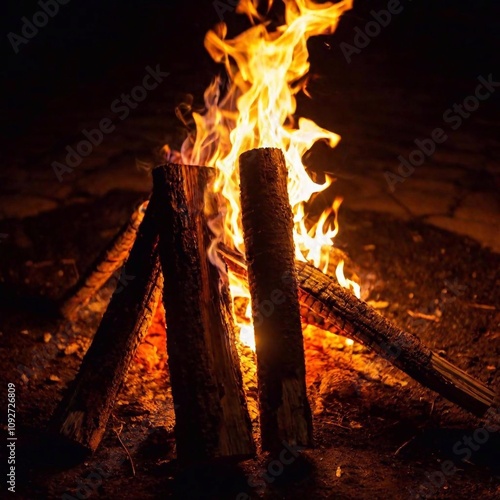 A high-resolution photograph capturing a serene nighttime bonfire scene. The fire is composed of glowing wooden logs, burning dynamically with vibrant orange and yellow flames, casting a warm, mesmeri photo