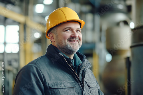 Smiling middle-aged factory workers in uniforms and hard hats engaged in conversation within a bright, modern industrial facility