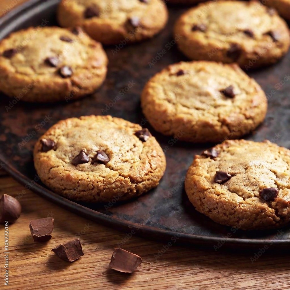 A high-resolution ultrarealistic image captures freshly baked chocolate chip cookies. The digital photo showcases three chunky cookies, featuring a golden-brown, crumbly texture with visible walnut pi A high-resolution ultrarealistic image captures freshly baked chocolate chip cookies. The digital photo showcases three chunky cookies, featuring a golden-brown, crumbly texture with visible walnut pi