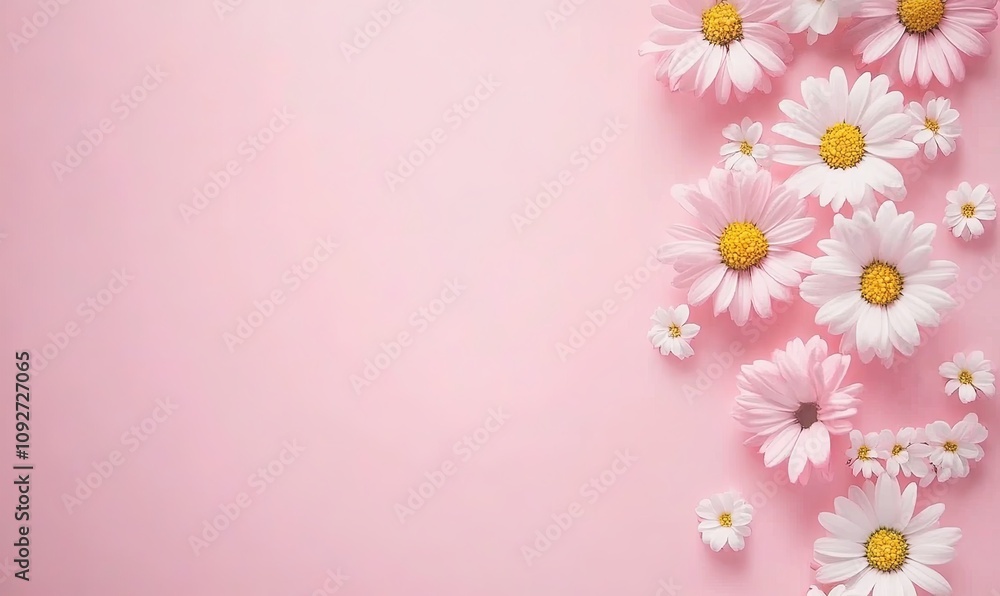 Pink and white daisies arranged on a pink background, leaving ample copy space. Flat lay, top view. Pink and white daisies arranged on a pink background, leaving ample copy space. Flat lay, top view.