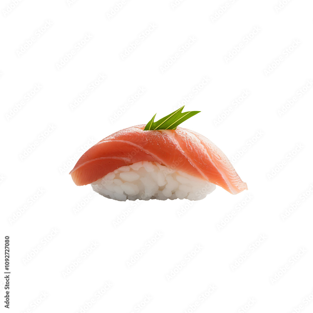 Indulge in a beautifully crafted sushi piece, featuring fresh salmon atop perfectly molded vinegared rice, garnished with delicate and vibrant green herbs for an exquisite taste. Indulge in a beautifully crafted sushi piece, featuring fresh salmon atop perfectly molded vinegared rice, garnished with delicate and vibrant green herbs for an exquisite taste.