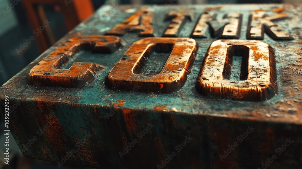 3D copper text with patina effect, rustic workshop setting, moody lighting, 3D copper text with patina effect, rustic workshop setting, moody lighting,